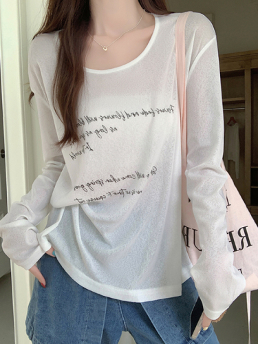 Fashionable and super popular Korean style slightly see-through thin loose long-sleeved T-shirt for women summer letter printed lazy style casual top