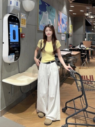 Real price yellow knitted right shoulder short sleeve t-shirt for women summer ice silk thin slim fit short top + wide leg pants