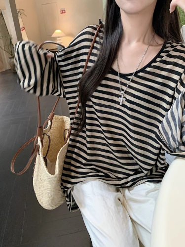 Retro striped mid-length round neck long-sleeved T-shirt for women in summer, loose, casual, lazy, Korean version, versatile sun protection top