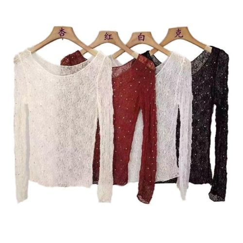 Heavy industry diamond-encrusted hollow u-neck long-sleeved lace T-shirt women's summer niche inner wear hot girl slim see-through white top