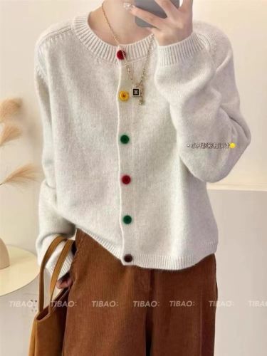 Korean age-reducing rainbow single-breasted round-neck wool knitted cardigan for early spring new lazy style niche pink sweater