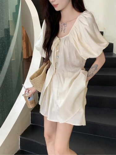 Real shot, real price, new Korean style puff sleeve waist tie shirt casual shorts two-piece set