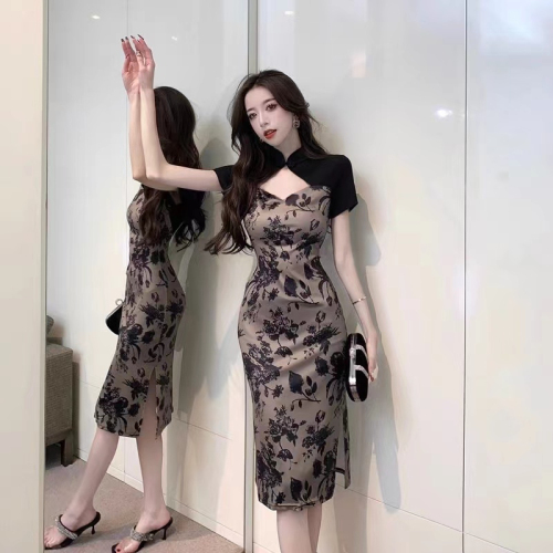 High-end retro sexy hollow long modified cheongsam dress