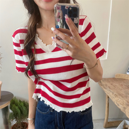 Tmall quality lace V-neck striped sweater summer Korean version 2024 new design thin short sleeves