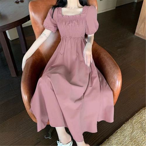 Gentle style square collar clavicle bubble embroidery dress for women summer new French mid-length waist slimming A-line skirt