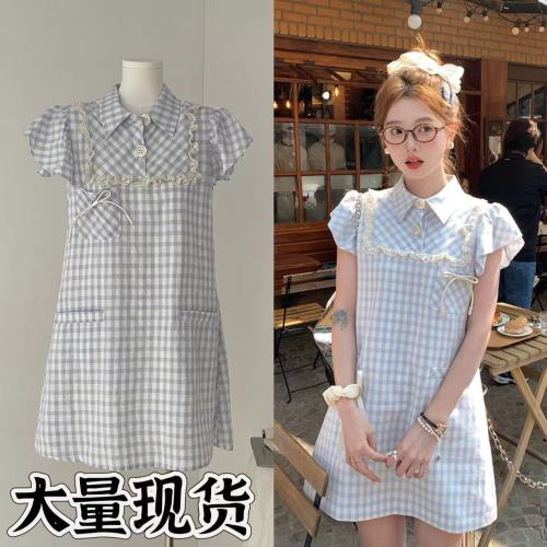 Acaine6/13 20:00 10% off for the first four hours, sweet girl plaid short sleeve dress