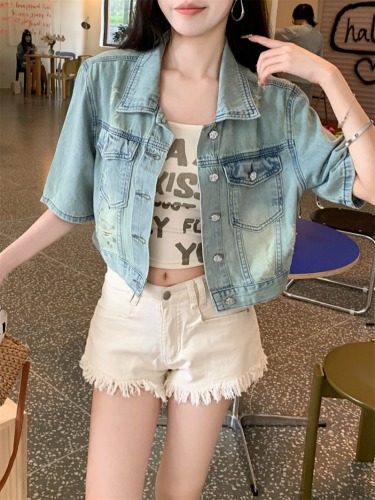 Real shot of retro washed short-sleeved denim jacket for women summer outer cardigan 2024 new loose casual short top