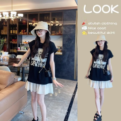 Letter Print Pajama Set Style Short Sleeve Dress for Women, Sweet Loose Fit Summer Dress with Skirt