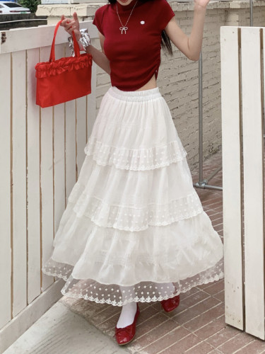 New sweet retro textured lace splicing cake skirt mid-length A-line skirt with large hem