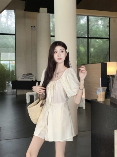 Real shot, real price, new Korean style puff sleeve waist tie shirt casual shorts two-piece set