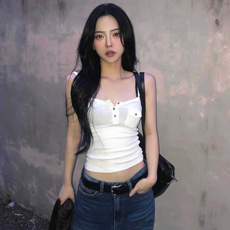 American retro petite tight-fitting chic design hot girl buttons and discreet navel-baring sleeveless outer vest for women