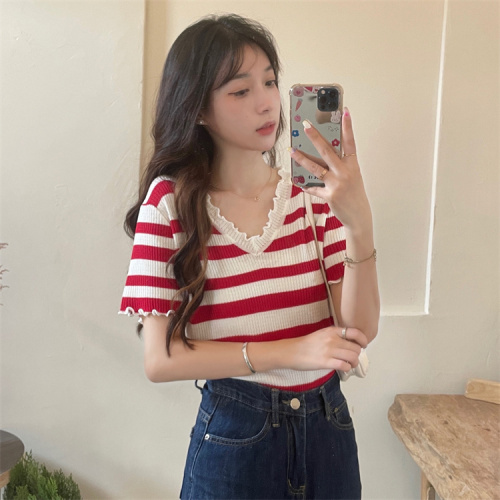 Tmall quality lace V-neck striped sweater summer Korean version 2024 new design thin short sleeves