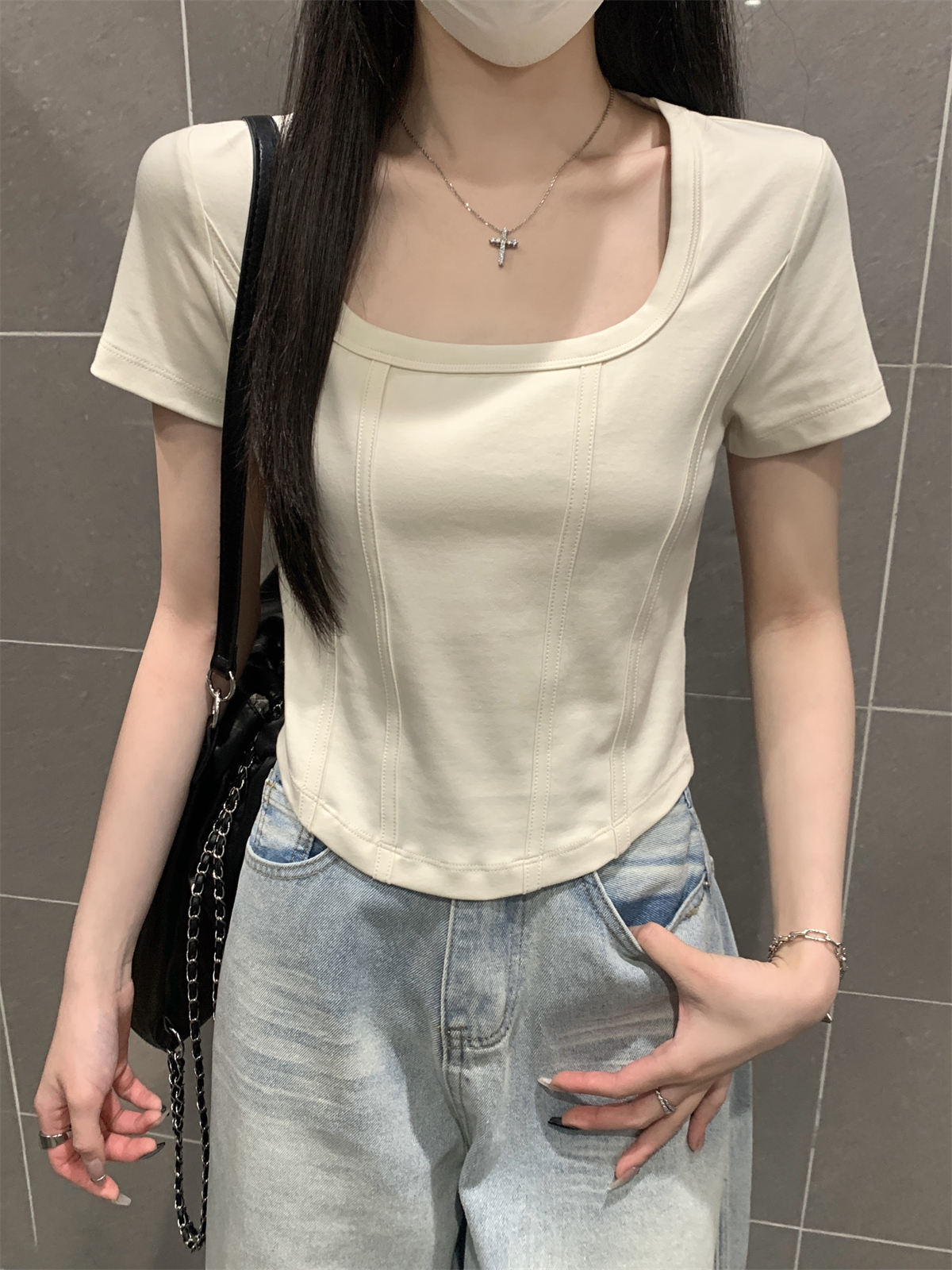 實拍 夏季韓版方領正肩魚骨純色短款純棉百搭短袖T恤上衣女