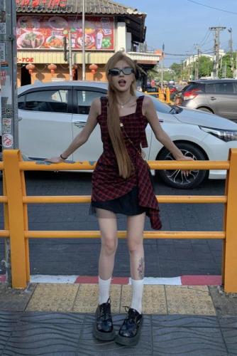 Real shot black and red plaid suspender dress irregular waist sweet and spicy skirt women summer