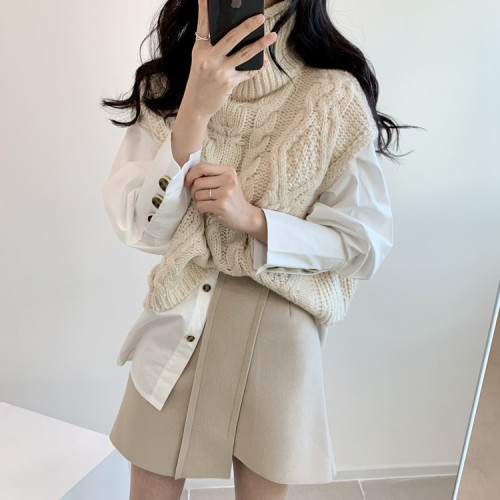 High collar vest women's pullover loose thick woolen autumn and winter style Korean style thickened lazy style twist sweater vest