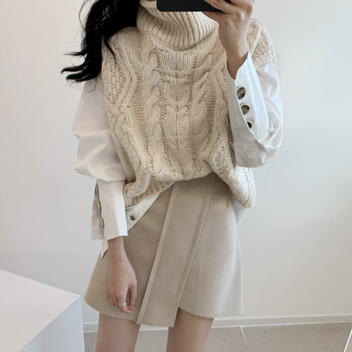 High collar vest women's pullover loose thick woolen autumn and winter style Korean style thickened lazy style twist sweater vest