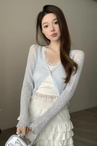 Tmall quality v-neck long-sleeved knitted cardigan for women in summer Korean style gentle style slim short sun protection top