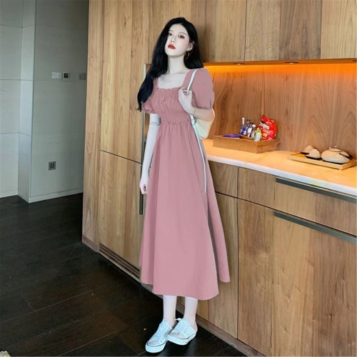 Gentle style square collar clavicle bubble embroidery dress for women summer new French mid-length waist slimming A-line skirt