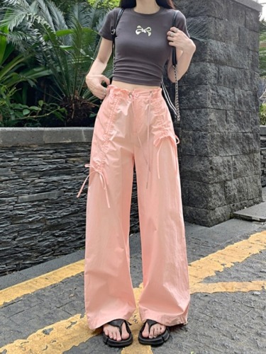 Real shot of dopamine overalls American casual pants for women summer new high-waisted straight design wide-leg pants