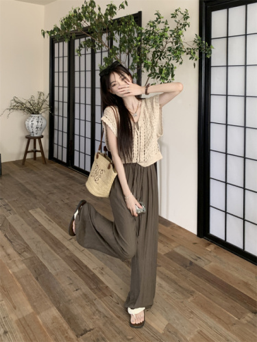 Real shot and real price Korean style crocheted sleeveless top + solid color suspenders + high waisted loose wide leg trousers