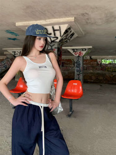 Real shot!  American Hot Girl Versatile Vest Elastic Waist Color Block Drawstring Casual Sports Pants Wide Leg Cargo Pants