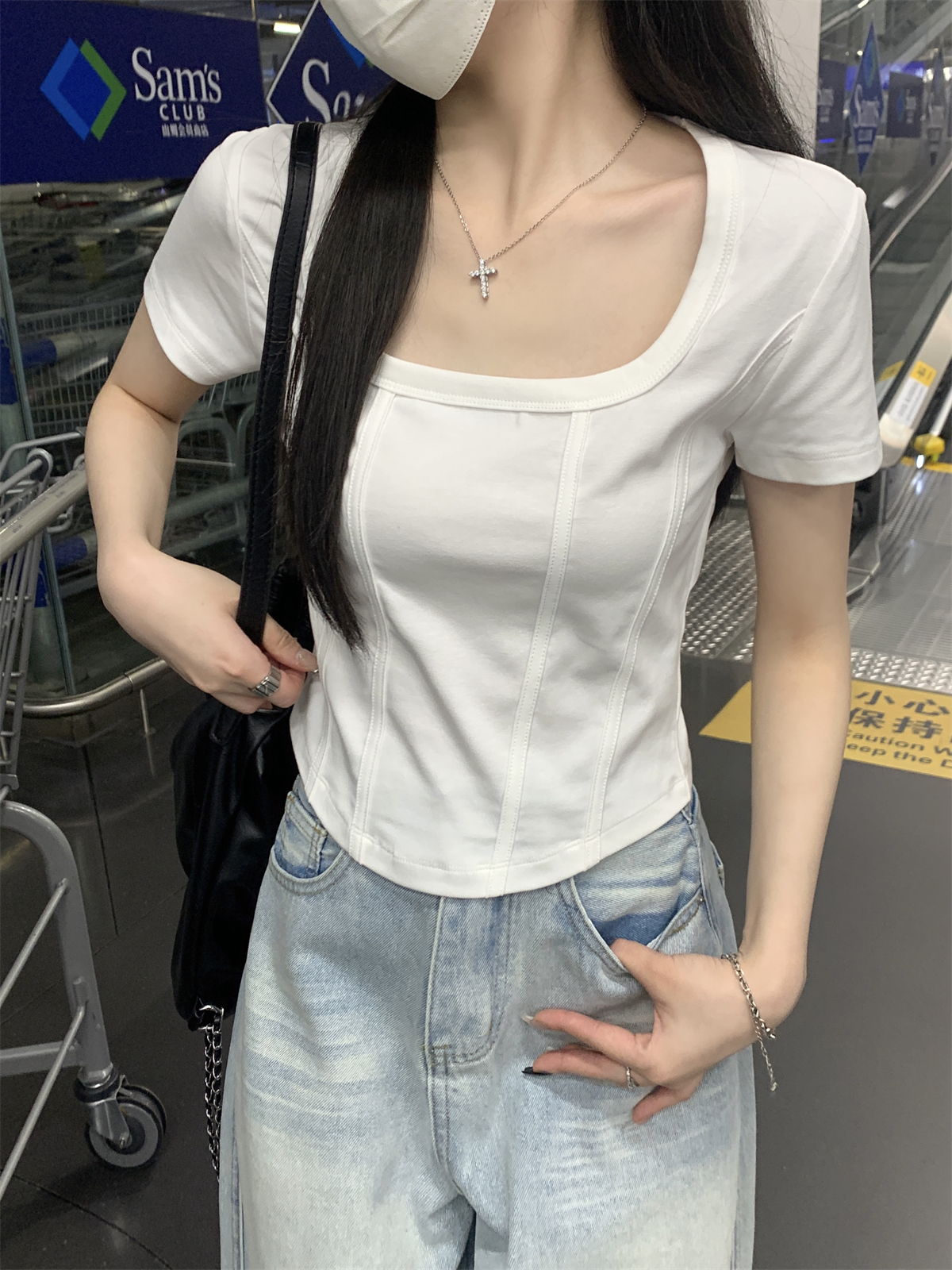 實拍 夏季韓版百搭方領正肩魚骨純色短款純棉短袖T恤上衣女