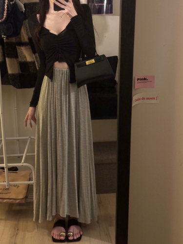 Actual shot and real price New style lazy gray drapey pleated skirt high waist loose A-line long skirt with large hem