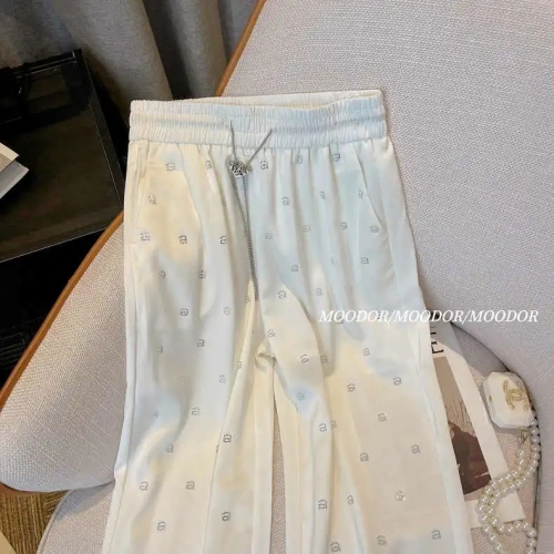 White hot diamond satin pants for women 2024 summer thin European high-waisted straight floor-length casual loose wide-leg pants