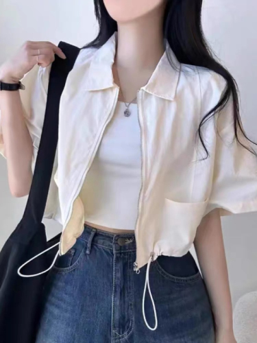 Korean chic summer age-reducing retro temperament lapel short coat high-waist drawstring short workwear short-sleeved top for women