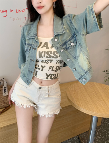 Real shot of retro washed short-sleeved denim jacket for women summer outer cardigan 2024 new loose casual short top