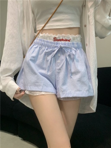 Real shot, real summer white lace embroidered leggings shorts + lace-up striped home casual pants