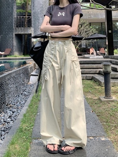 Real shot of dopamine overalls American casual pants for women summer new high-waisted straight design wide-leg pants