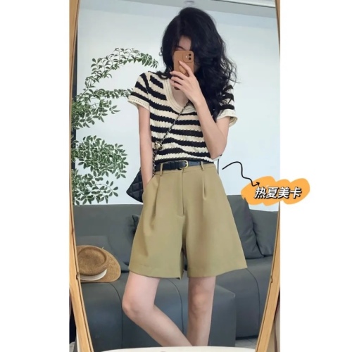 Hong Kong trendy knitted short-sleeved summer Korean style round neck short-sleeved sweater for women striped top fashionable and versatile