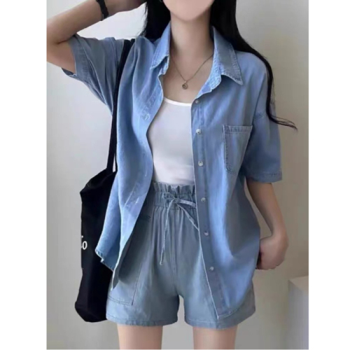 Plus size fashion suit women's summer short-sleeved imitation denim thin jacket camisole fat mm casual pants suit