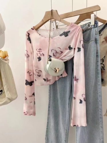 Already shipped tie-dye long-sleeved T-shirt for women in summer hot girl design thin sun protection slim short temperament top