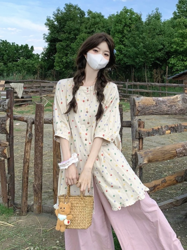 Real shots in stock.  Large size fat mm colorful polka dot mid-length shirt loose retro + wide-leg drape trousers