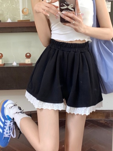 Actual shots and real prices ~ New style high-waisted slimming fashionable lace splicing elastic waist casual wide-leg shorts