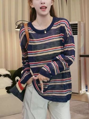 European lazy style striped long-sleeved T-shirt, loose and slim design, thin style, fashionable and age-reducing casual top