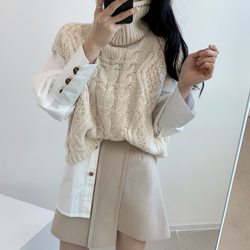 High collar vest women's pullover loose thick woolen autumn and winter style Korean style thickened lazy style twist sweater vest