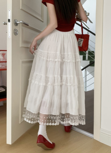 New sweet retro textured lace splicing cake skirt mid-length A-line skirt with large hem