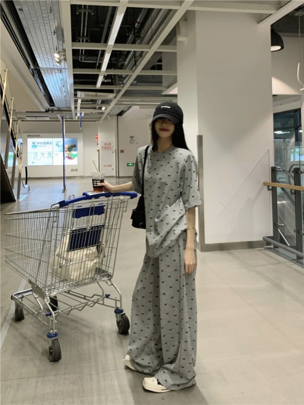 Actual shot of loose and slim bow short-sleeved T-shirt for women + elastic waist casual wide-leg pants suit