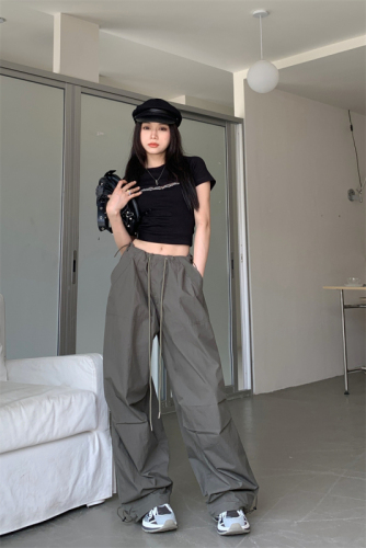 Real shot American retro short-sleeved T-shirt + loose legged overalls casual wide-leg paper bag pants