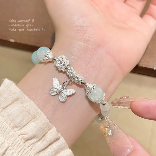 Korean-style light luxury niche high-end butterfly bracelet for women, ice-transparent blue imitation jade bead bracelet, fashion accessory