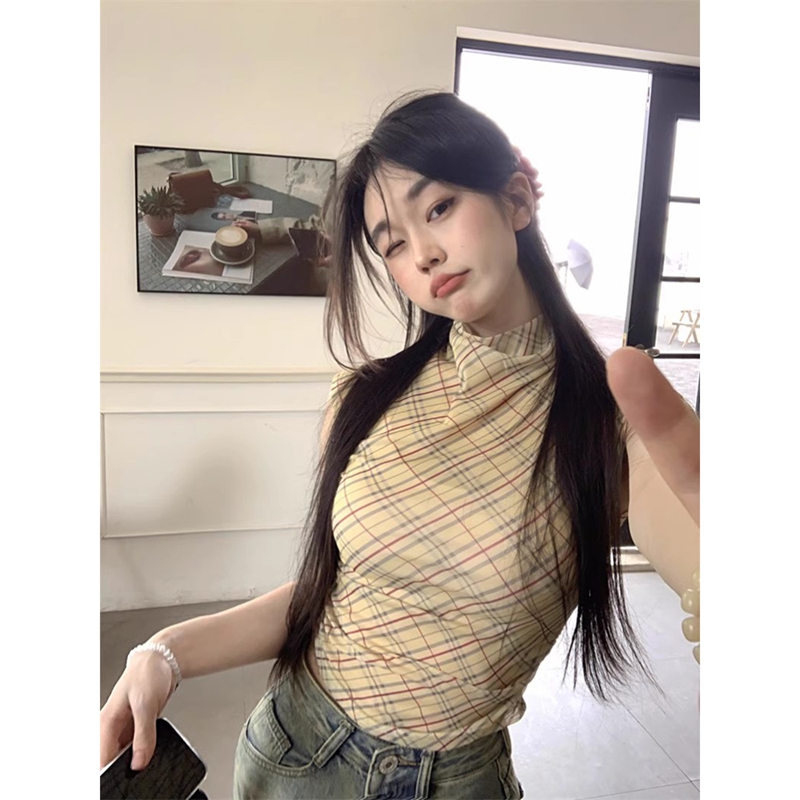 Official photo 92 polyester 8 spandex retro plaid half turtleneck vest for women summer slimming design top