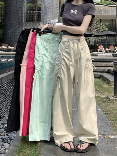 Real shot of dopamine overalls American casual pants for women summer new high-waisted straight design wide-leg pants