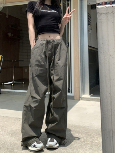 Real shot American retro short-sleeved T-shirt + loose legged overalls casual wide-leg paper bag pants