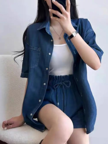 Plus size fashion suit women's summer short-sleeved imitation denim thin jacket camisole fat mm casual pants suit