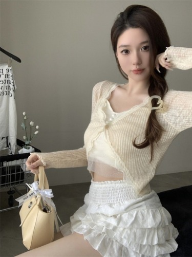 Tmall quality v-neck long-sleeved knitted cardigan for women in summer Korean style gentle style slim short sun protection top