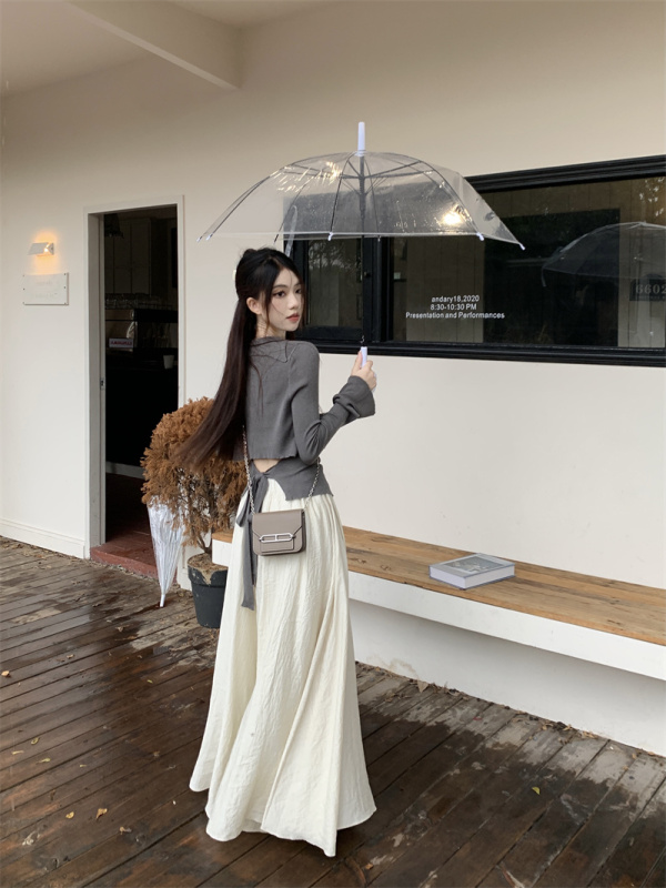 Actual shot of Korean style designer knitted one-breasted long-sleeved top + high-waisted wide-leg culottes!