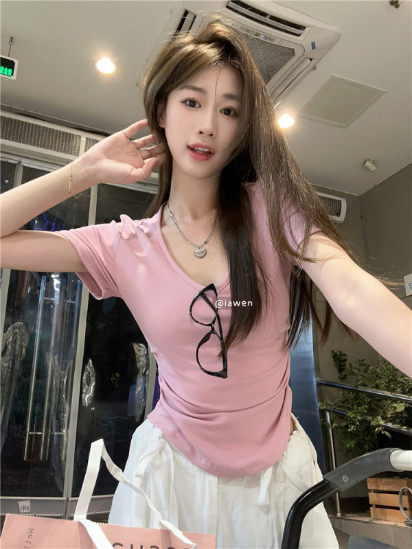 Actual shot and real price ~ Pure lust style right shoulder V-neck short-sleeved T-shirt for women in summer with irregular waist, slimming and versatile top
